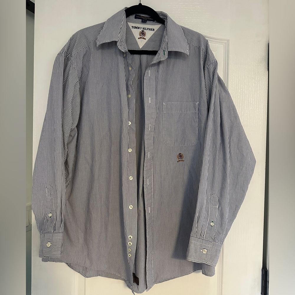 Vintage Tommy Hilfiger Blue and White Striped Men's Shirt